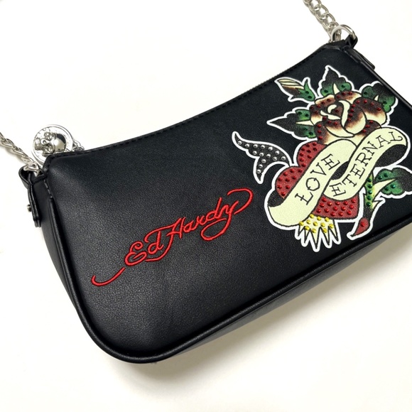 NWT ED HARDY Love Eternal Shoulder Bag Crossbody Black Tattoo Rose Rhinestone - Picture 1 of 8